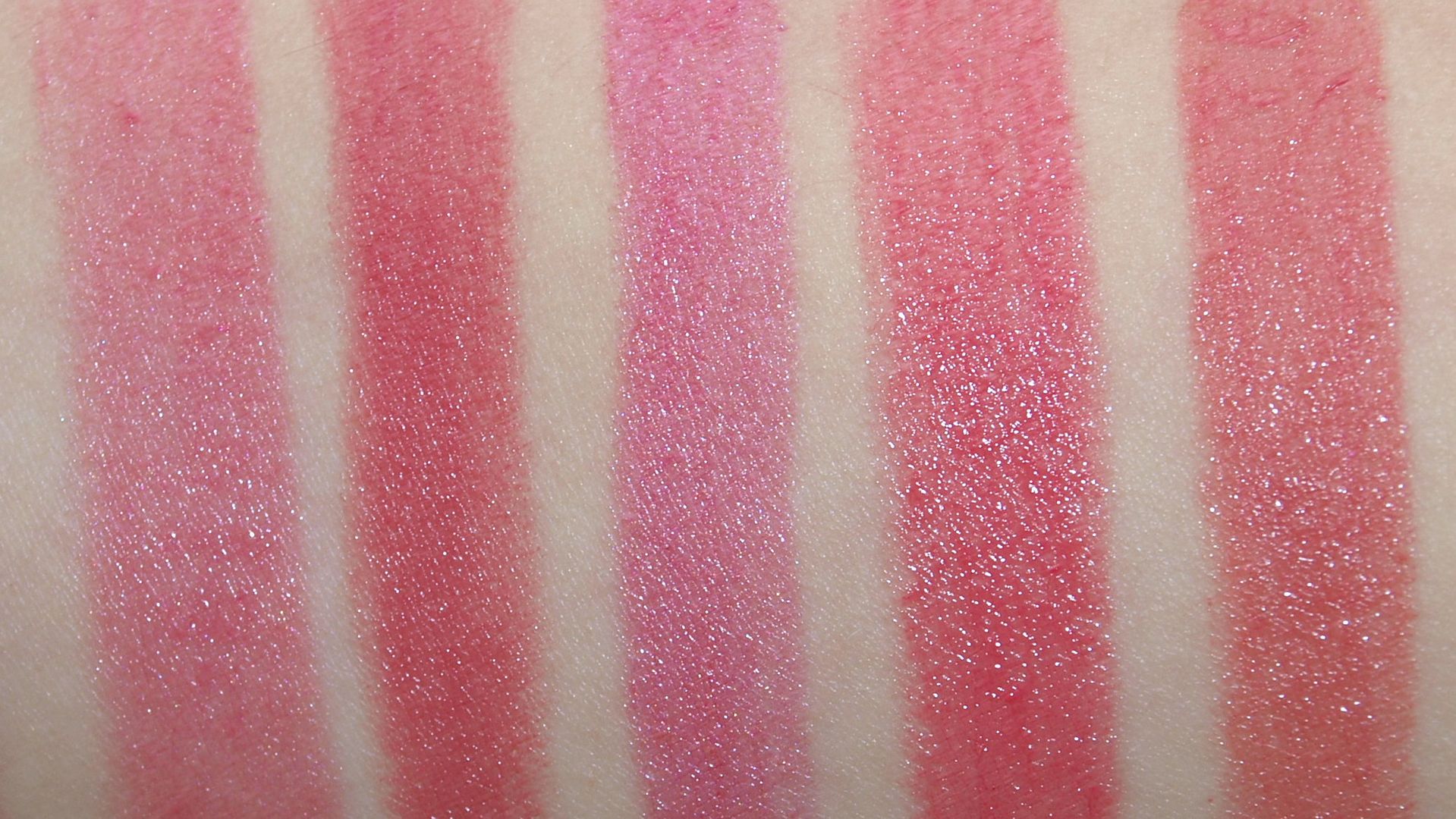Lipstick swatches Yves Saint Laurent Rouge Pur Pink Lilac,Maybelline ColorSensational Feel Pink,Catrice Absolut Moisture Spicy Coral,MAC MAC Red,MAC Chatterbox,Chanel English Rose,MAC Viva Glam Cindy,MAC Plumfull lipstick